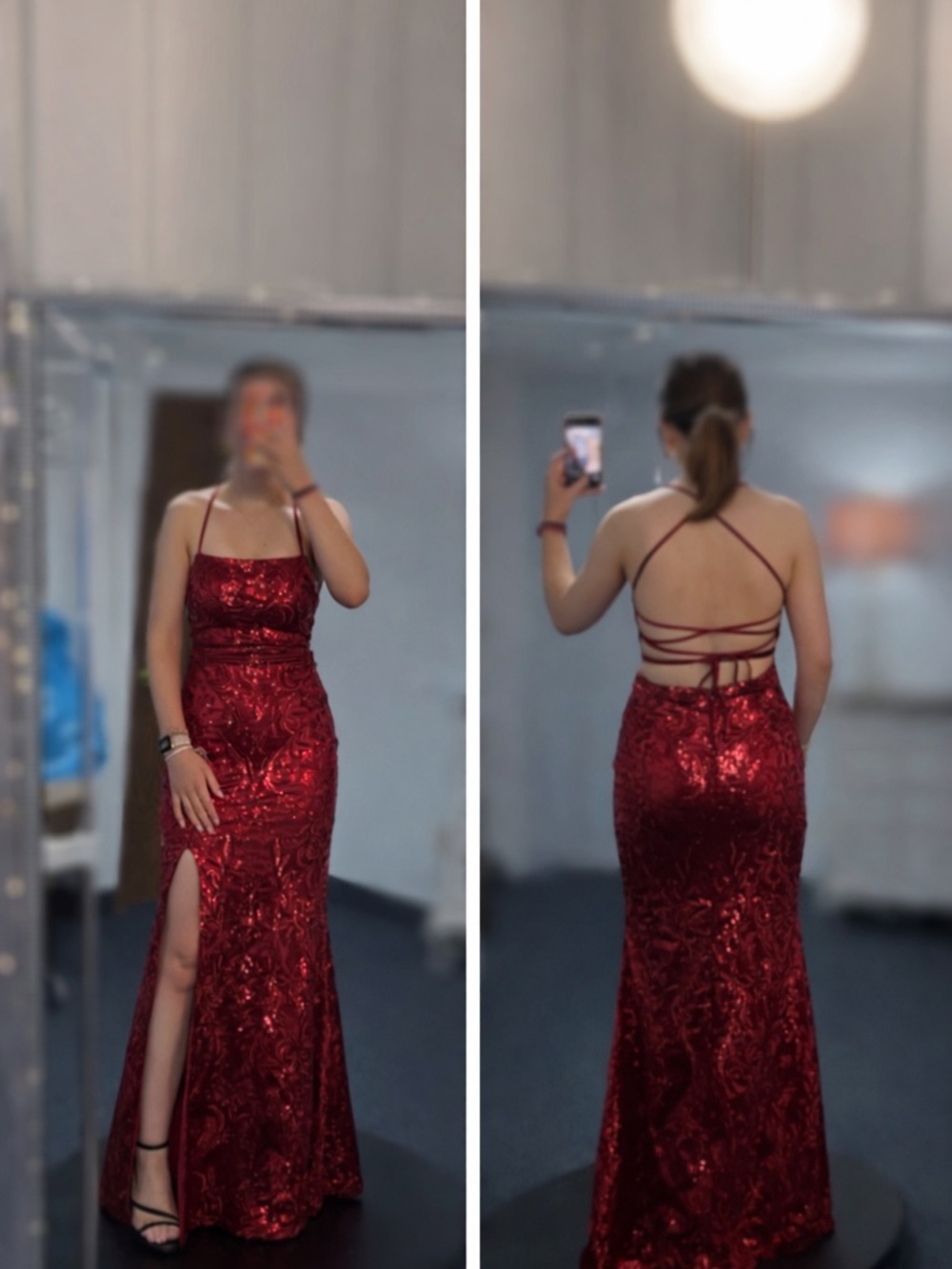 Marisol Lace-Up Column Sequin Satin Prom Dress